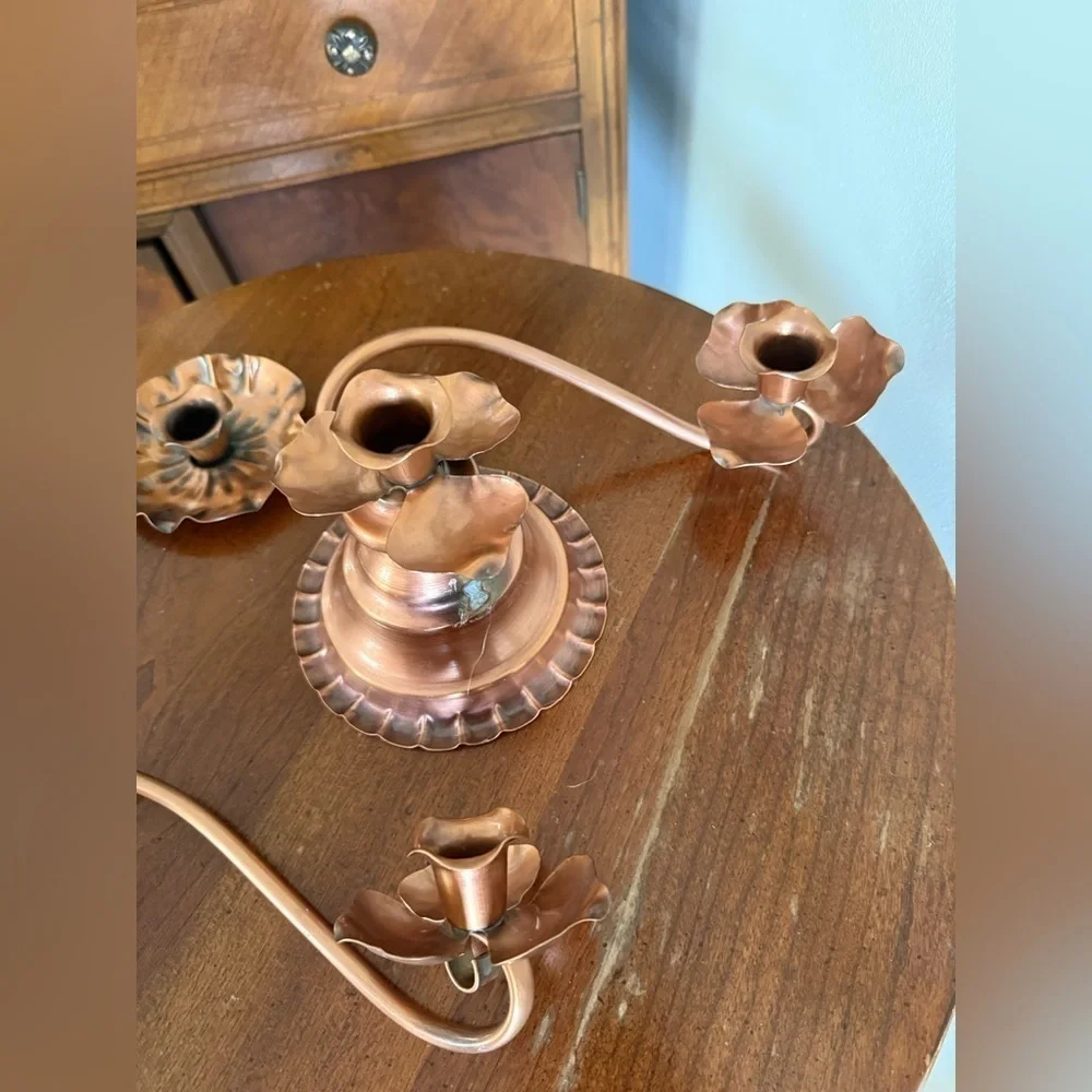 Georgian Copper Candelabra Twist 3 Candlestick Holders Rose Flower Broken